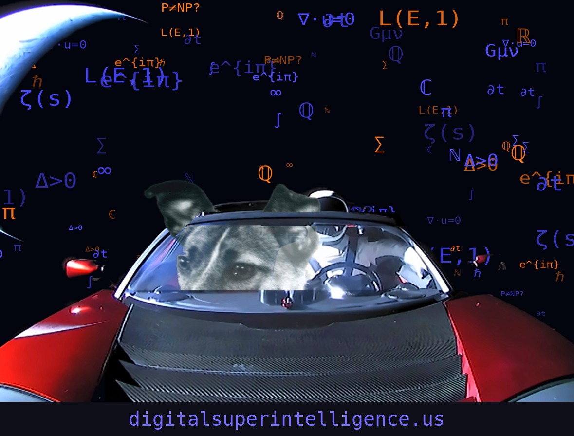 Laika, the first dog in orbit, riding with Starman in the Tesla Roadster under the math sky